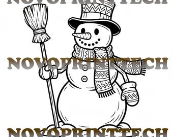 May include: Black and white illustration of a snowman wearing a top hat, scarf, and mittens, holding a broom. The snowman has a carrot nose and button eyes. The text "NOVOPRINTTECH" is printed around the image.
