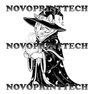 May include: Black and white illustration of a cat dressed as a wizard, wearing a hat with a crescent moon and holding a crystal ball. The cat is wearing a robe with moon and star designs. The text "NOVOPRINTTECH" is printed across the image.