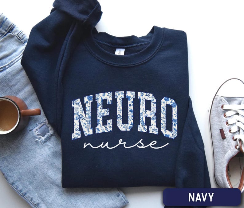Sudadera de enfermera neurológica, sudadera floral de cuello redondo para enfermera neurológica, suéter de enfermera neurológica, suéter de trabajo para enfermera neurológica, regalo para enfermera neurológica, regalo para enfermera de UCI neurológica Navy