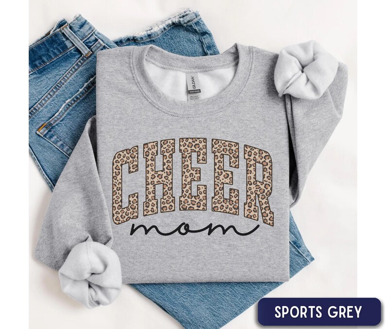 Cheer Mom Sweatshirt, Leopard Cheerleading Mom outfit, Cheetah Print cheer mom, Game Day Cheer Mom wear, Sports Mom Gift Sports Grey