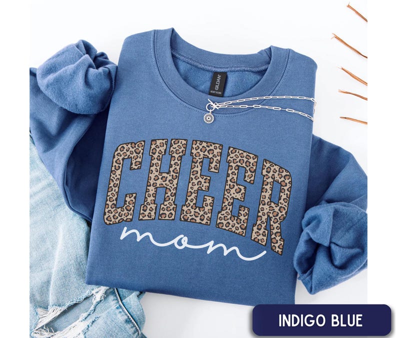 Cheer Mom Sweatshirt, Leopard Cheerleading Mom outfit, Cheetah Print cheer mom, Game Day Cheer Mom wear, Sports Mom Gift Indigo Blue