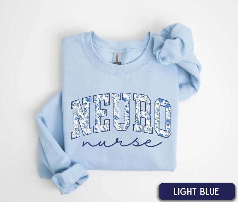 Sudadera de enfermera neurológica, sudadera floral de cuello redondo para enfermera neurológica, suéter de enfermera neurológica, suéter de trabajo para enfermera neurológica, regalo para enfermera neurológica, regalo para enfermera de UCI neurológica Light Blue