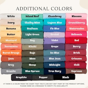 May include: A color chart displaying folded fabric swatches in various shades labeled with names including White, Ivory, Banana, Butter, Mustard, Terracotta, Burnt Orange, Yam, Grey, Granite, Graphite, Island Reef, Chalky Mint, Seafoam, Light Green, Bay, Khaki, Sage, Moss, Hemp, Blue Spruce, Pepper, Chambray, Lagoon Blue, Flo Blue, Orchid, Violet, Grape, Ice Blue, Blue Jean, Midnight, True Navy, Black, Blossom, Crunchberry, Watermelon, Heliconia, Red, Berry, Brick, Crimson, Chili, and Espresso.