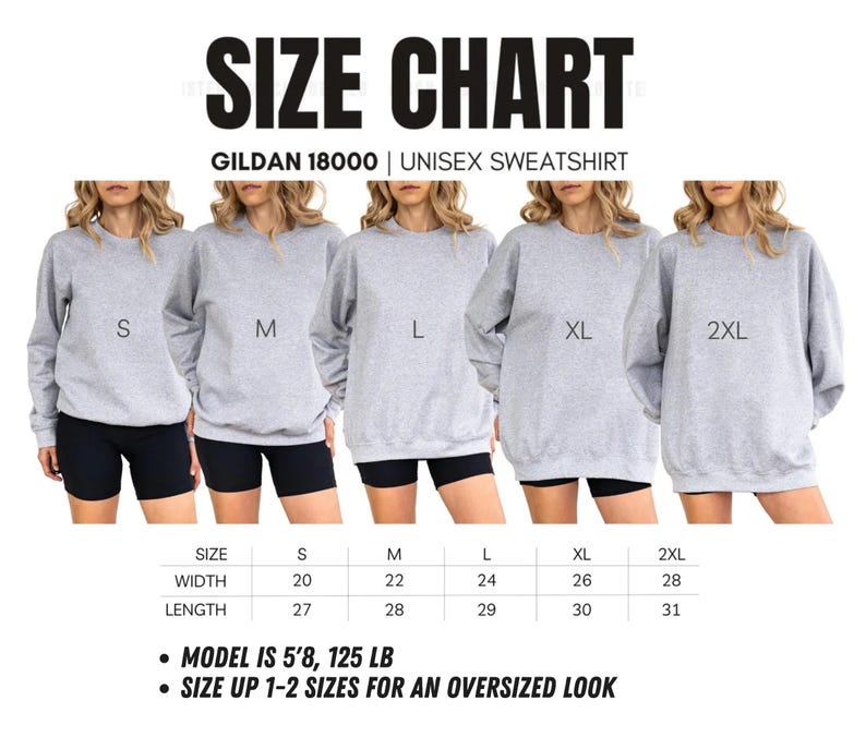 Puede incluir: Tabla de tallas para una sudadera unisex Gildan 18000. Se muestran las tallas S, M, L, XL y 2XL. Las medidas de ancho y largo se proporcionan en cent&iacute;metros. La modelo mide 173 cm y pesa 56,7 kg. El texto aconseja elegir una talla m&aacute;s grande.
