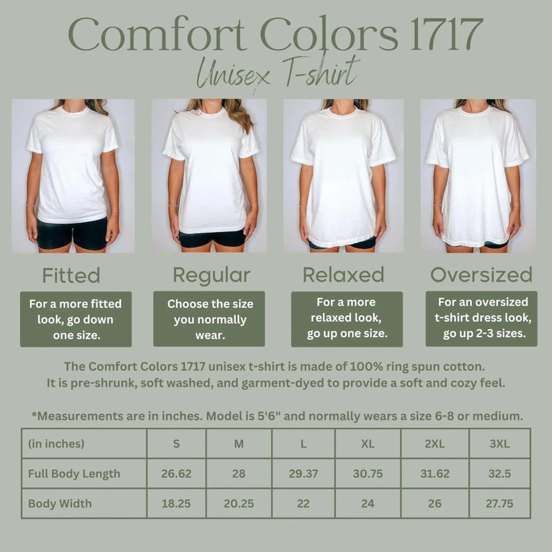 May include: A Comfort Colors 1717 unisex t-shirt size guide showing four white t-shirts in fitted, regular, relaxed, and oversized styles. The graphic includes text, a description of the cotton material, and a table with measurements in inches.