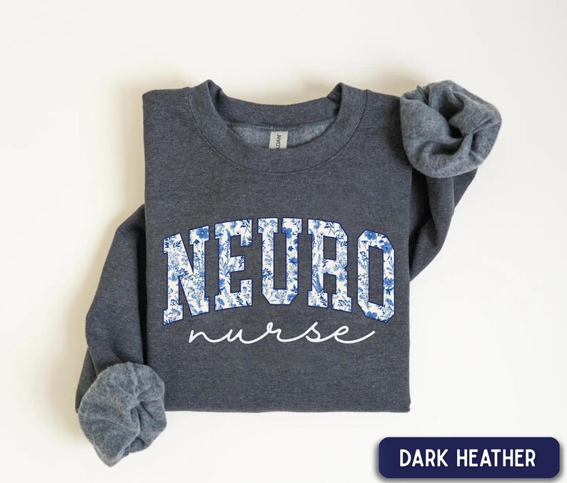 Sudadera de enfermera neurológica, sudadera floral de cuello redondo para enfermera neurológica, suéter de enfermera neurológica, suéter de trabajo para enfermera neurológica, regalo para enfermera neurológica, regalo para enfermera de UCI neurológica Dark Heather