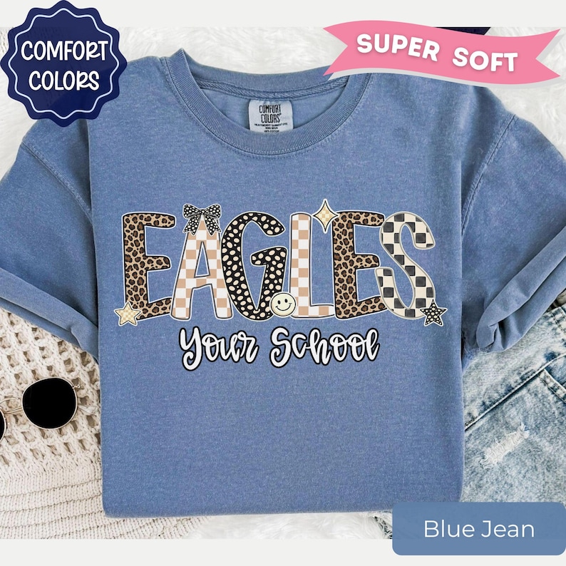 Leopard Eagles Mascot Shirt, Custom School Spirit Tee, Personalized Eagles Shirt, Custom Team Name tee, Game Day Shirt, Eagles Spirit Shirt Blue Jean