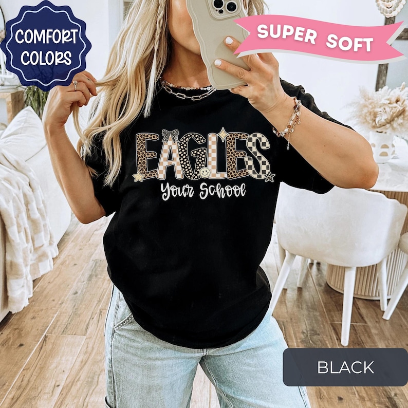 Leopard Eagles Mascot Shirt, Custom School Spirit Tee, Personalized Eagles Shirt, Custom Team Name tee, Game Day Shirt, Eagles Spirit Shirt Black