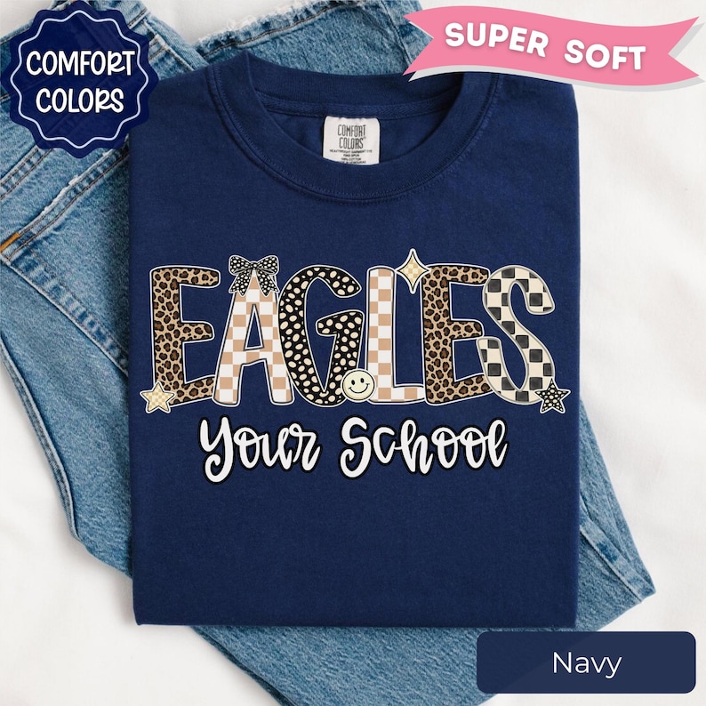 Leopard Eagles Mascot Shirt, Custom School Spirit Tee, Personalized Eagles Shirt, Custom Team Name tee, Game Day Shirt, Eagles Spirit Shirt Navy