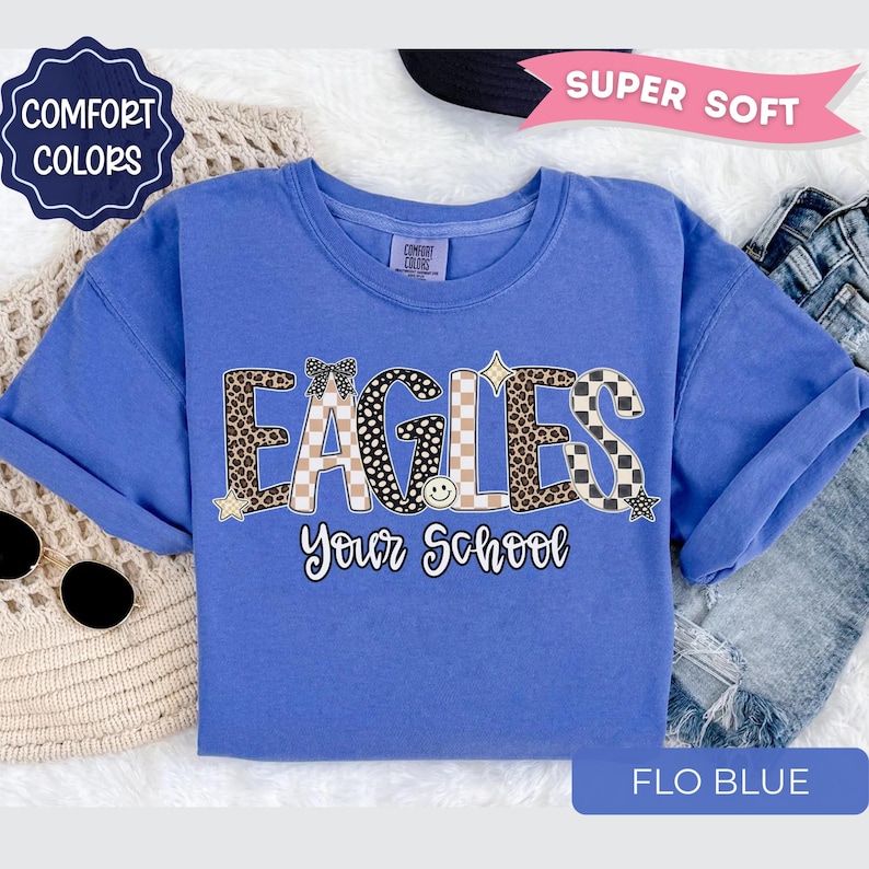 Leopard Eagles Mascot Shirt, Custom School Spirit Tee, Personalized Eagles Shirt, Custom Team Name tee, Game Day Shirt, Eagles Spirit Shirt Flo Blue