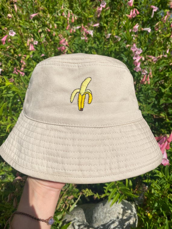 Beige Embroidered Wide-Brim Bucket Hat Washed Cotton Beige Bucket Hat, Hand Embroidered Strawberry  main image 3