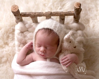 Hand Knit Alpaca Newborn Bonnet | Lace Photo Prop