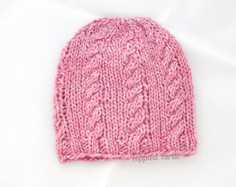 Newborn Knit Hat | Hand-Knitted Merino Cable Beanie, Pink Photo Prop