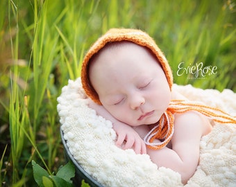 Handspun Knit Newborn Bonnet | Orange Wave, Fall Photo Prop