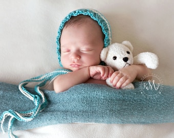 Hand Knit Striped Baby Bonnet | Teal or Purple, Newborn Photo Prop
