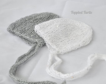 Newborn Mohair Bonnet | Hand Knit Sequin Baby Photo Prop