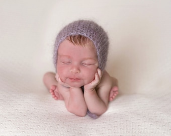 Knit Mohair Newborn Bonnet | Lavender Flower Baby Photo Prop