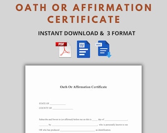 Editable Notary Oath or Affirmation Certificate | Printable Notary Public Form | Oath Certificate PDF, Word, Google Doc | Instant Download