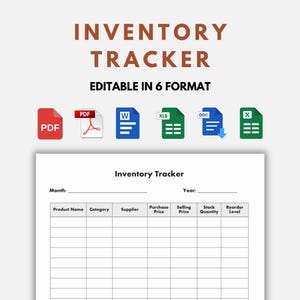 May include: A white inventory tracker template with the title "INVENTORY TRACKER" in brown text. The template includes fields for product name, category, supplier, purchase price, selling price, stock quantity, and reorder level. Icons for PDF, Word, Excel, and other formats are displayed.