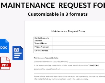 May include: A white Maintenance Request Form with fields for rental property, tenant name, and issue details. The form is customizable in three formats, with DOC, W, and PDF icons displayed. The background is orange.