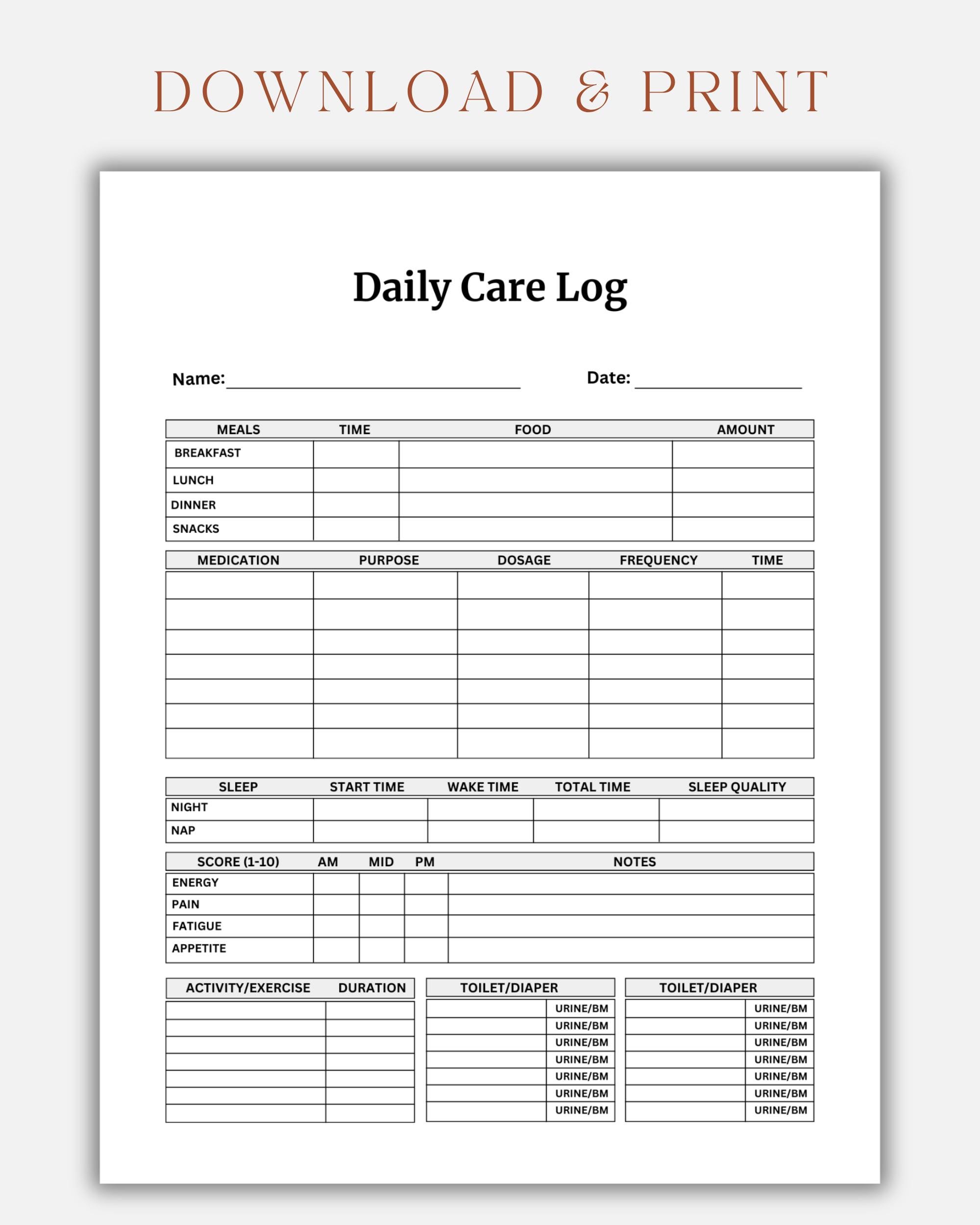 Caregiver Daily Care Log Printable for Elderly Senior Care, Daily ...