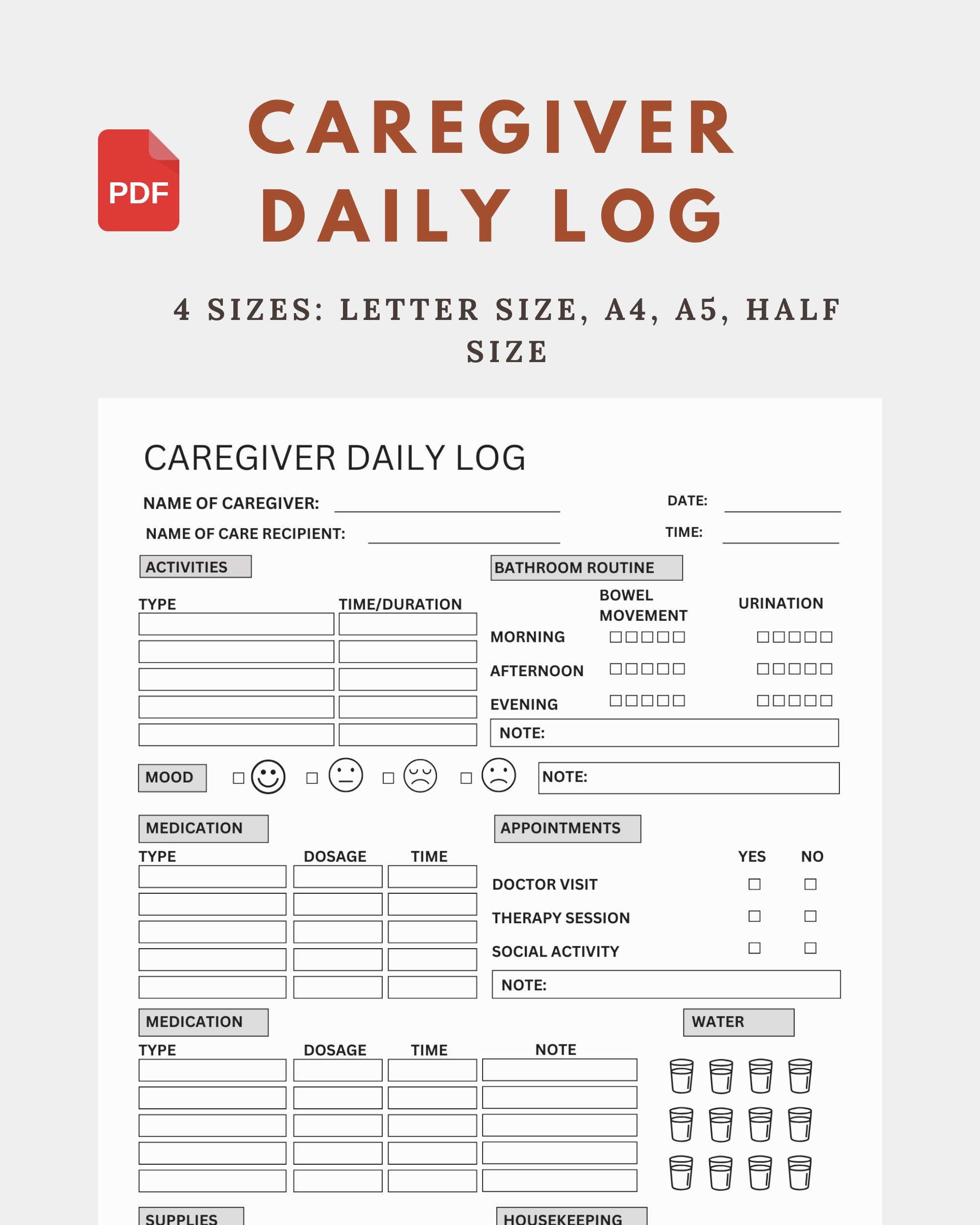 Caregiver Daily Log Printable, Senior Care Log, Elderly Care Log ...