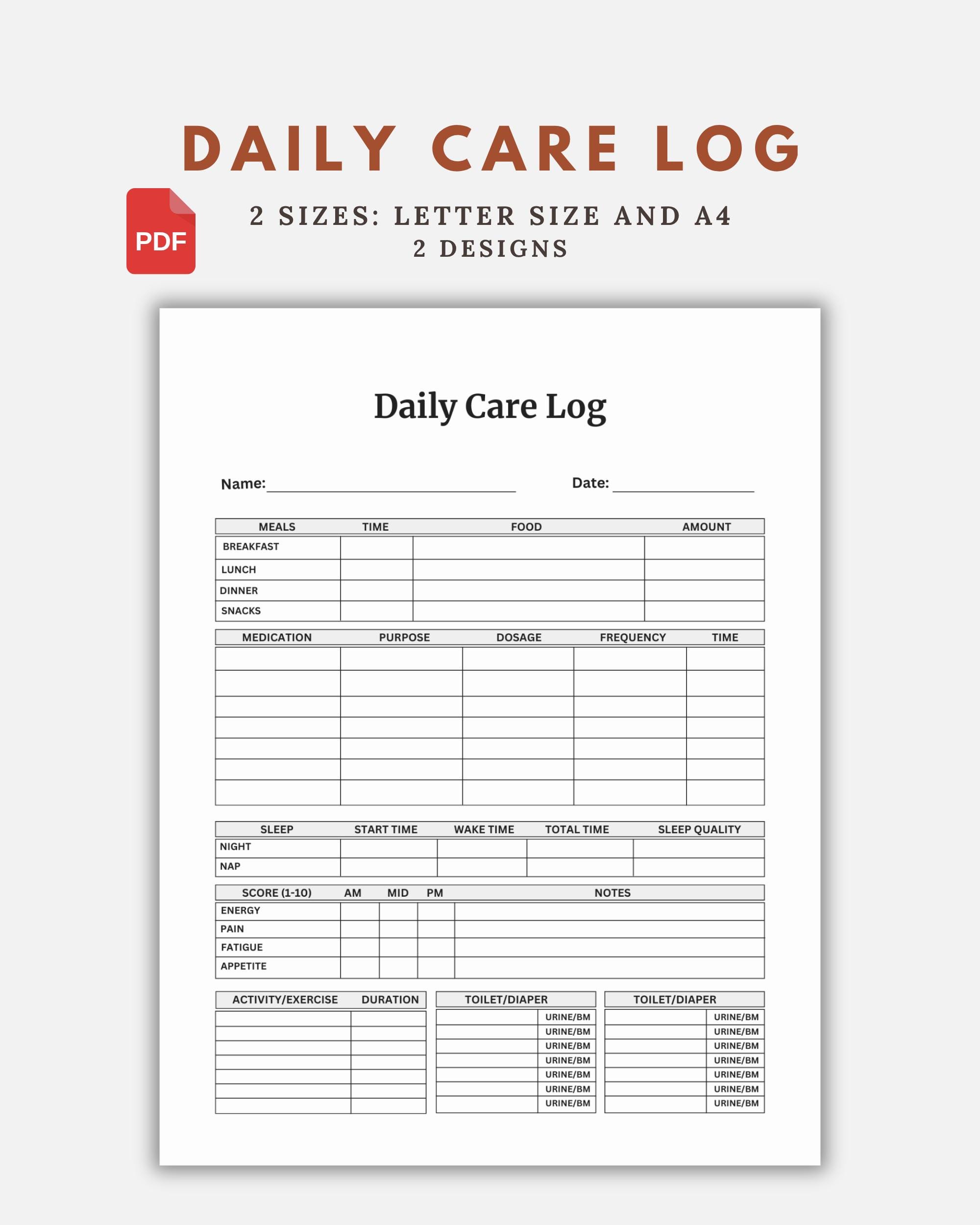 Caregiver Daily Care Log Printable for Elderly Senior Care, Daily ...