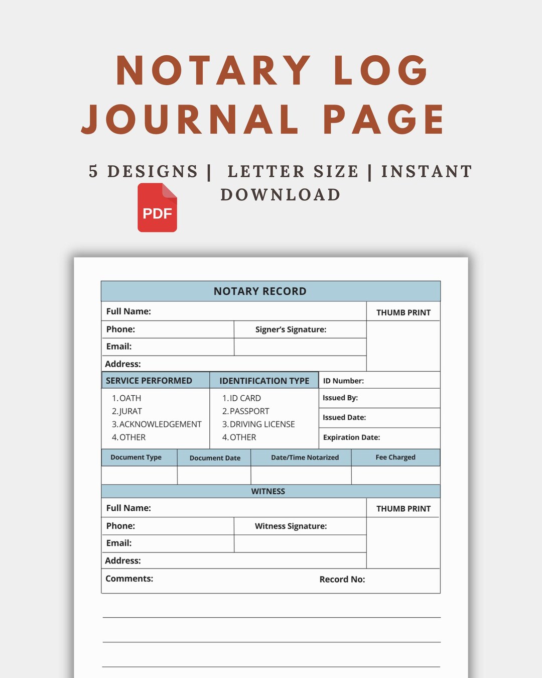 Printable Notary Journal Log Pages, Notary Public Record Book PDF ...