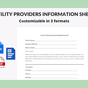 Puede incluir: Una hoja de información de proveedores de servicios públicos blanca con el texto "Personalizable en 3 formatos". Incluye iconos DOC, W y PDF. La hoja tiene campos para el nombre del inquilino, la dirección y la fecha de mudanza.