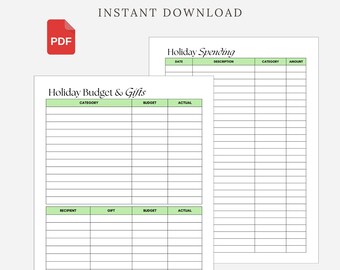 May include: A digital download titled "Holiday Budget & Spending Tracker" with a PDF icon. The design includes two printable pages with green headers and tables for tracking holiday expenses, gifts, and spending details. The text includes "Instant Download".