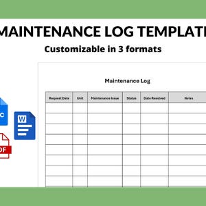 May include: A white maintenance log template with the title "MAINTENANCE LOG TEMPLATE" in bold black font. The template is customizable in 3 formats. Icons for DOC, W, and PDF files are in the image. The log includes fields for request date, unit, issue, status, date resolved, and notes.