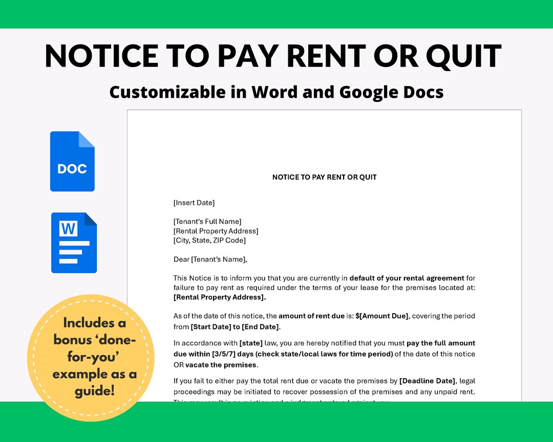 Editable Rent or Quit Notice Template: Landlord Eviction Letter ...