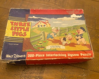 Vintage 1940s Walt Disney's The Three Little Pigs Jigsaw Puzzle - 300 Piece Interlocking Puzzle - Complete - 14" by 22" Picture