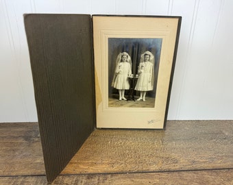 Antique Portrait of Two Girls for First Holy Communion in Original Embossed Picture Holder - Matthes Photography Studio-Appleton, Wisconsin