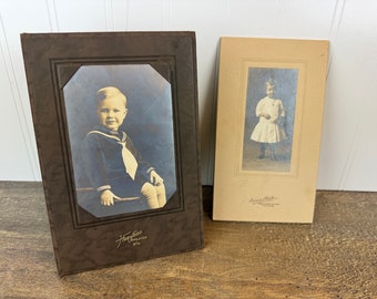 Set of Two Antique Children's Cabinet Card Portrait Photographs - Harwood (Appleton, WI) and Doose & Rohde Photographers (Chicago)