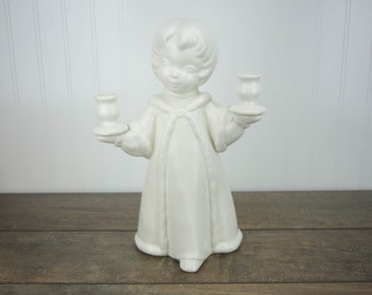 Large Vintage White Ceramic Christmas Double Candle Holder - Signed 1971