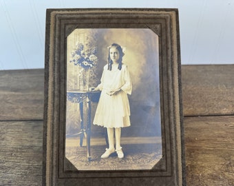 Antique Cabinet Card Photograph of Young Girl with Bible in Hand in Original Frame Holder - Original Antique Photograph