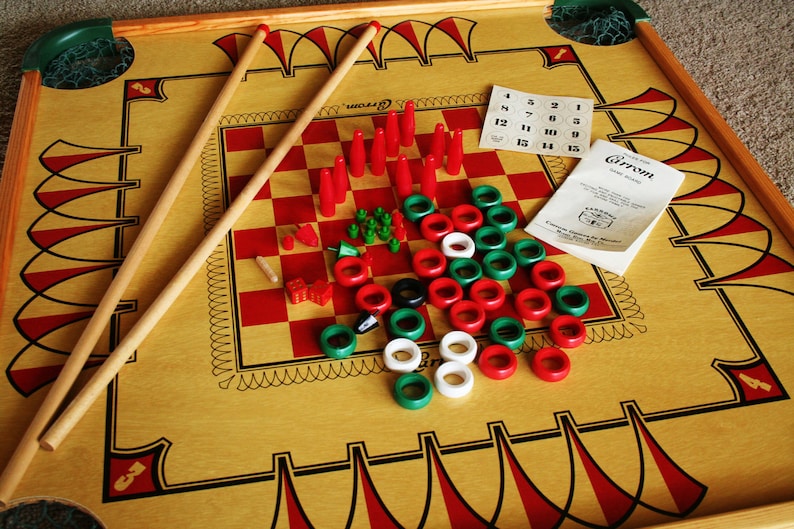 Large Vintage Double Sided Carrom Game Board with Game Pieces Etsy