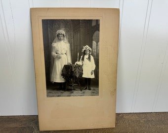 Antique Portrait of Two Girls for First Holy Communion in Original Embossed Picture Holder - A.H. Matthes' Studio