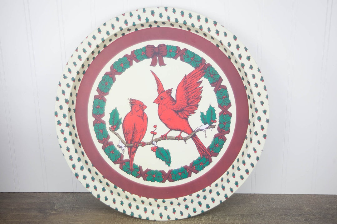 Vintage Round Metal Christmas Tray With Cardinals With Holly Design Etsy