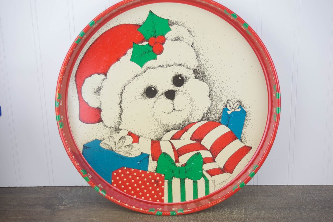 Vintage Round Metal Christmas Tray With Bear and Holly Design Etsy
