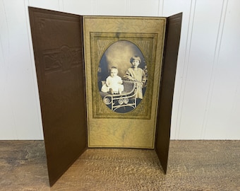 Antique Cabinet Card Portrait Photograph of Two Young Children with Original Tri-fold Embossed Holder - Vintage Family Portraiture