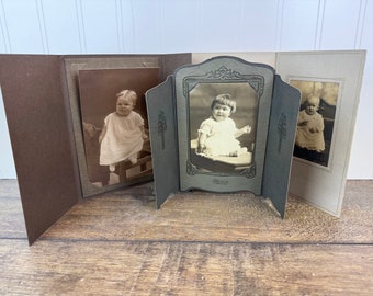 3 Antique Baby Cabinet Card Portraits in Original Frame Holders by Ross Studio, Harwood, A.H. Matines Studio (Wisconsin) Instant Collection