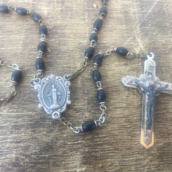 Vintage Catholic Rosary With Unique Mysteries Centerpiece with Panels and Black Prayer Beads