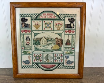 Vintage Framed Cross Stitched “Bless Our Home” Wall Hanging - Handmade