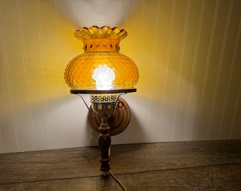 Vintage Electric Amber Hobnail Glass Hurricane Wall Sconce Lamp in Working Condition