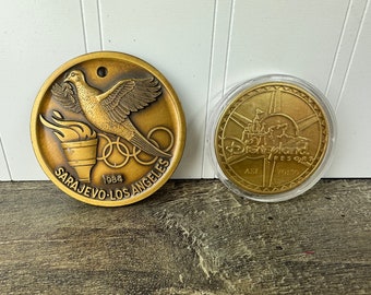 Vintage Bronze Commemorative Medallion/Coin - 1984 Sarajevo-Los Angeles Olympics (2.5") or 2001 Walt Disney Disneyland Resort ASI 70130 (2")