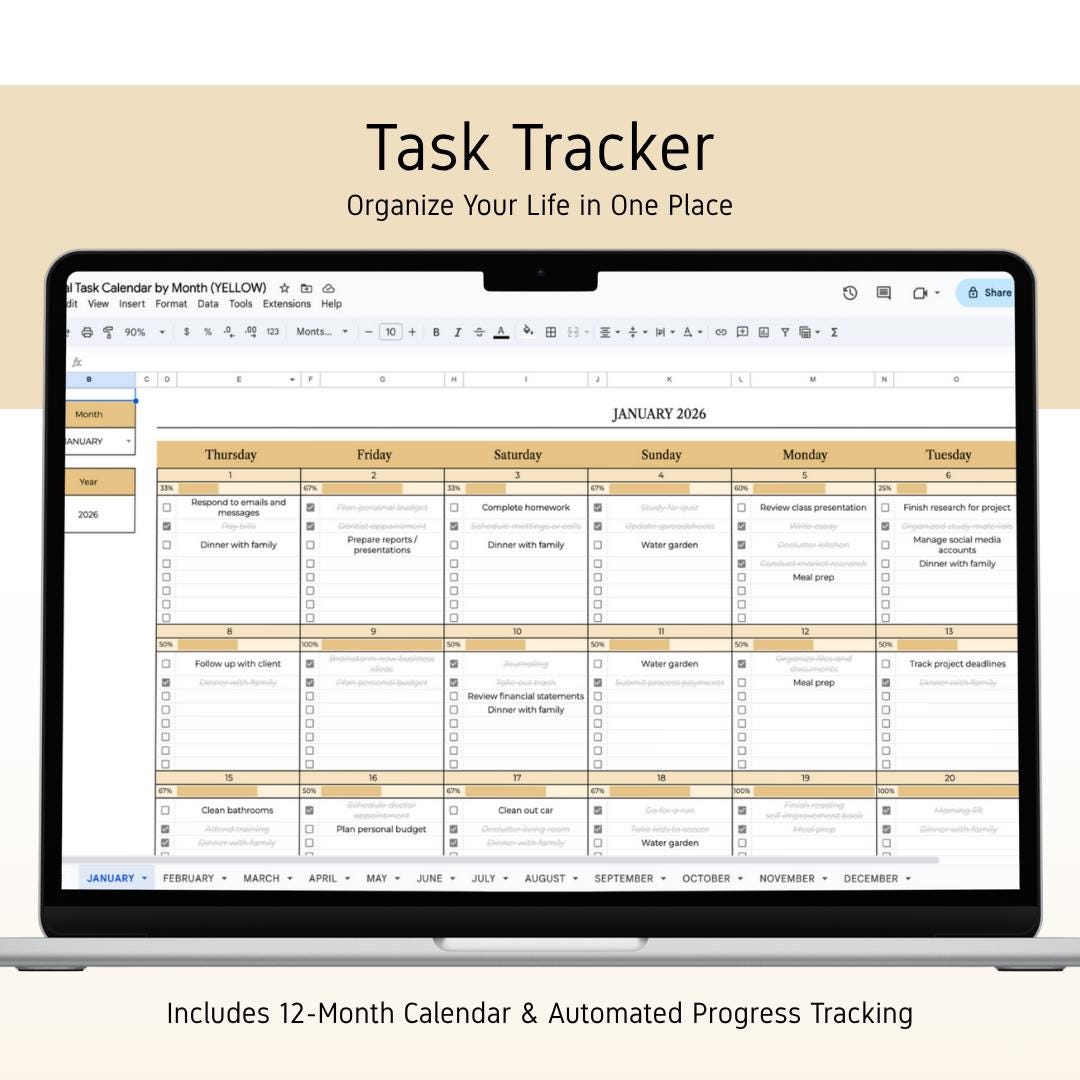 2026 Annual Task Tracker Yellow | Digital Google Sheets Planner for ...