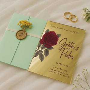Gold Mirror Wedding Invitation with Green Envelope | Elegant Acrylic Wedding Invite Set | Red Rose Design