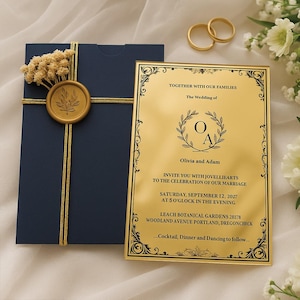 Parure de faire-part de mariage personnalisé en acrylique miroir doré avec enveloppe bleu marine - Faire-part de mariage élégant et moderne pour les invités